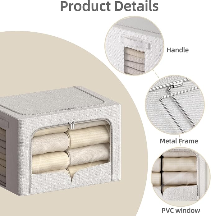 FHSQX 3 Pack Clothes Storage Bins - Foldable Metal Frame Storage Box - Stackable Linen Fabric Container Organizer Set with Carrying Handles and Clear Window (Cream White, 16.5x12.2x12.2inch(40L)) - Image 6