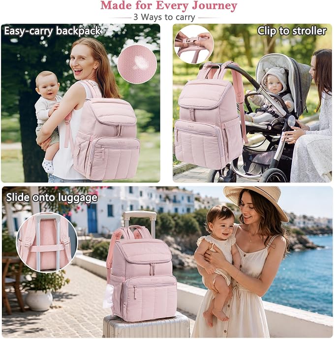 Puffy Diaper Bag Backpack for Mom, Lightweight Quilted Baby Bag with Waterproof Changing Pad, Large Travel Diaper Backpack with Insulated Bottle Pockets, Wipes Pocket, Stroller Straps - Image 7