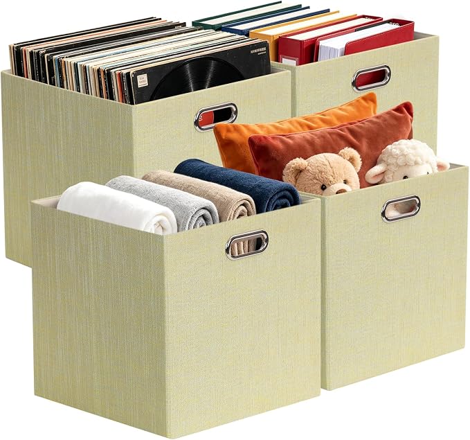 Posprica Storage Cubes, 13 x 13 x 13 Inches Fabric Bins with Double Handles,Cubes Basket Containers, For Shelf Cabinet Bookcase, Closet Organizers for Shelves, Foldable-Set of 4, Yellow/Beige mixed - Image 8