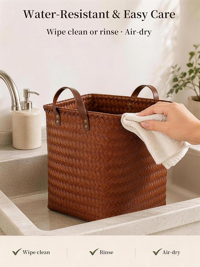 Wicker Storage Baskets, 4 Pack Woven Baskets for Shelves, Brown | PP Rattan, Water-resistant Wicker Basket, Large Baskets with Faux Leather Handles for Blanket, Laundry Organizer, Room Decor - Image 7
