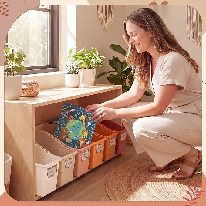 Blosssound 6 Set Book Bins for Classroom Stackable,Earth Tones | Plastic Baskets with Labels, Slanted Front, Library Supplies Organizers, Desktop Storage Bins, Teachers Home School Use - Image 7