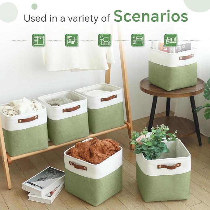 FinishingBo 11x11 Cube Storage Bins 6 Pack, Fabric Basket with Handles | Foldable Storage Cubes, PU Leather Handles,Closet Storage, White Green - Image 7
