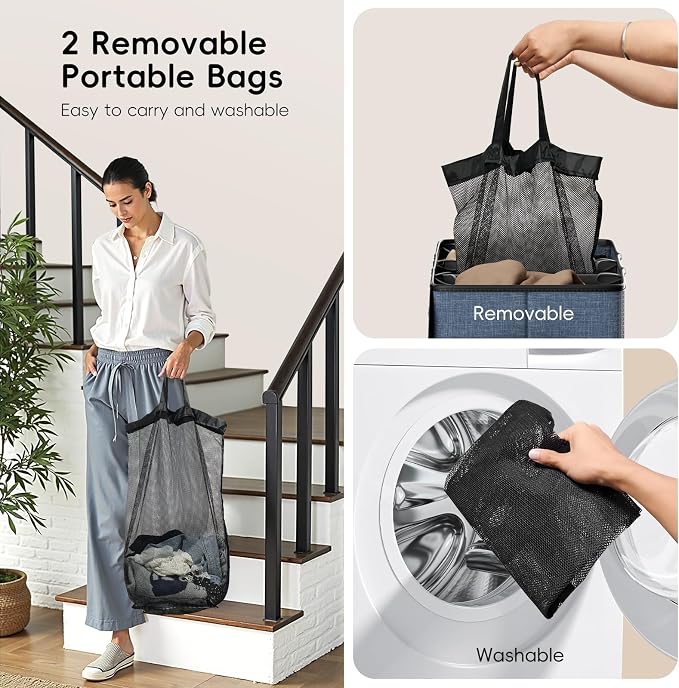 150L Double Laundry Hamper With Lid, Large Clothes Hampers with Removable Bag, Laundry Hamper 2 Section for Bathroom, Bedroom, Laundry Room, Dorm, Navy Blue - Image 6