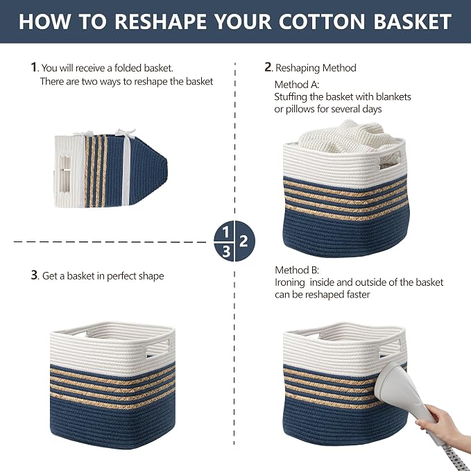 UBBCARE Set of 3 Storage Cubes 13 X 13 X 13 in, Water Hyacinth Storage Bins for shelves, Book, Storage Baskets with Handles, Cotton Rope Woven Baskets for Organizing, Blue - Image 7