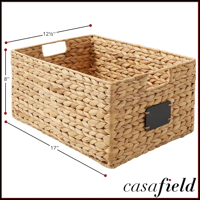 Casafield Set of 2 Water Hyacinth Pantry Baskets, 12-1/2" x 17" x 8", with Chalkboard Labels and Chalk Marker - Natural, Woven Storage Bin Organizers for Kitchen Shelves - Image 7