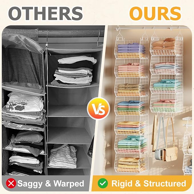 7 Tier Hanging Closet Organizer and Storage, Foldable Wire Closet Shelving with 4 Large Hooks+5 S Hooks,Hanging Basket for Clothes Sweaters Shoes Handbags,Wardrobe Kitchen Laundry Room-White - Image 7