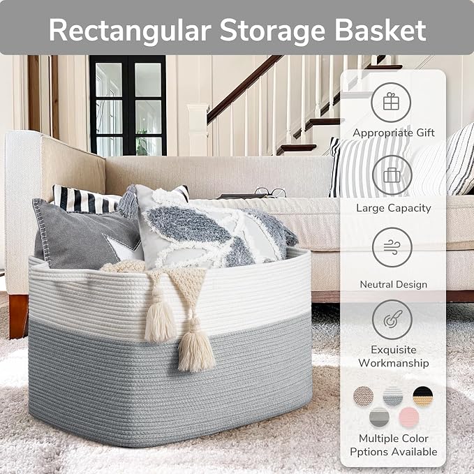 Goodpick 85L Large Woven Rope Blanket Basket, Rectangle, White Gray | 23.6'' x 15.7'' x 13.8'' Storage Basket for Blankets & Pillows, Living Room & Bedroom Organization, Reinforced Handles - Image 7