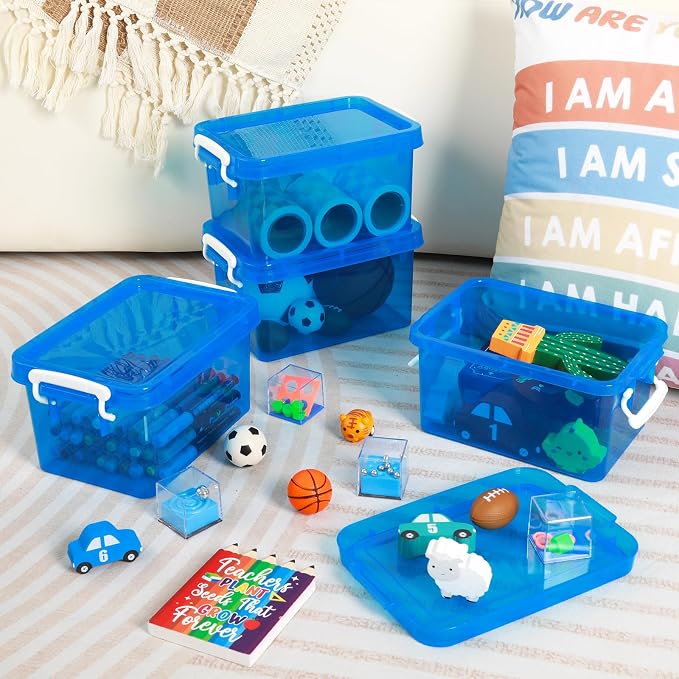 6 Pack 4 Quart Colorful Plastic Storage Bins with Lids Stackable Storage Bins with Latching Lids Handle Clear Colored Storage Organizer Bins for Home Office Pantry Containers(Blue) - Image 4