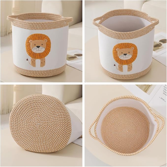 Blanket Baskets Laundry Hamper Lion Nursery Storage Basket, Woven Cotton Rope Nursery Organization Bins For Shower Gifts Baskets - Image 5