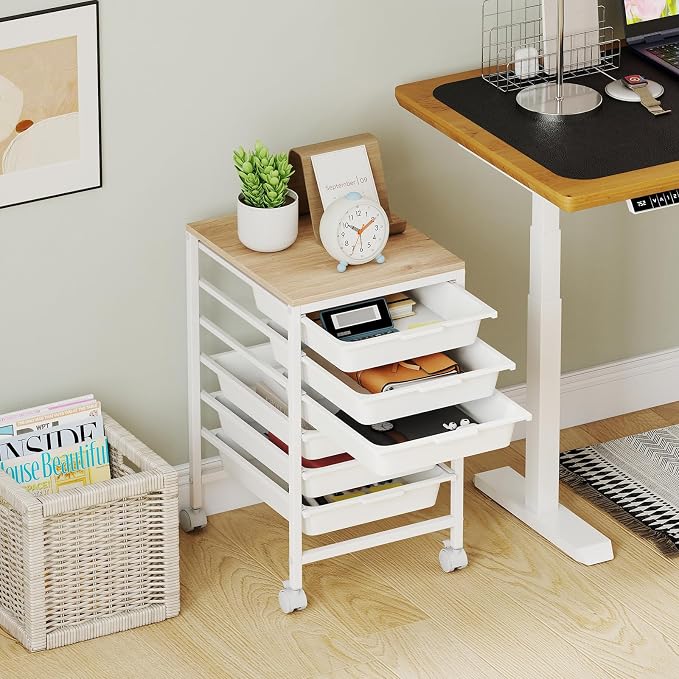 GOFLAME 6-Drawer Rolling Storage Cart, Craft Storage Cart with Wood Tabletop and Lockable Wheels, Art Cart Supply Storage Organizer with Metal Frame for Home Office Classroom, White - Image 9