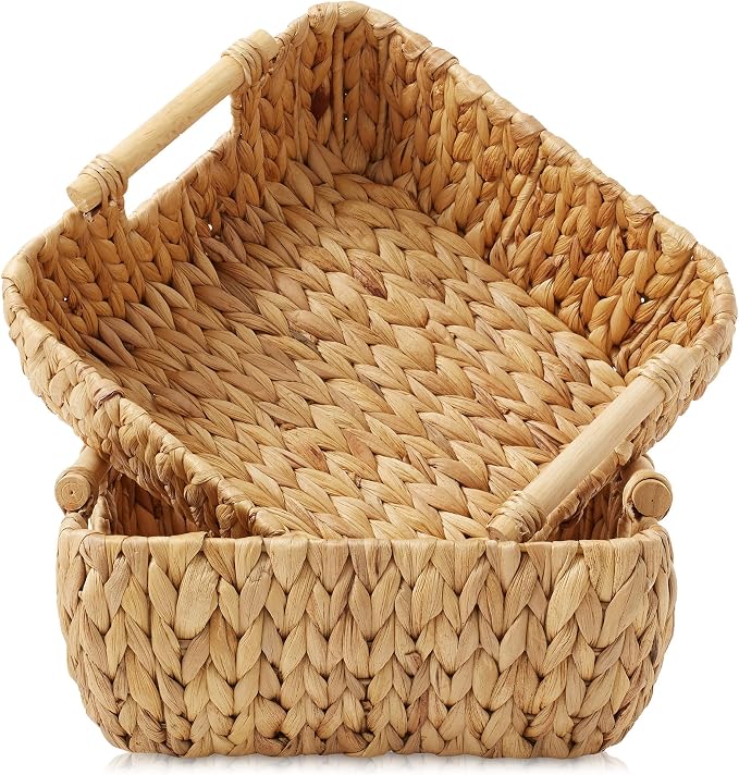 Casafield Set of 2 Water Hyacinth Oval Storage Baskets with Wooden Handles - Small, Woven Bin Organizers - Image 7