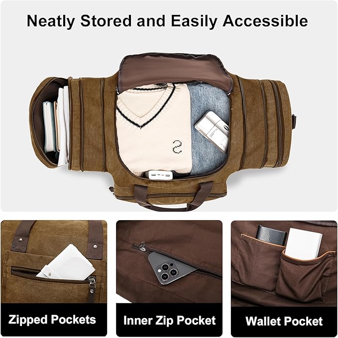 EKOROMIER Large Canvas Duffle Bag for Travel, Expandable 55L Weekender bags | Features Luggage Trolley Sleeve, Multi-Pockets for Traveling, Overnight Airplane Carry-On Bag for Men & Women - Coffee - Image 6