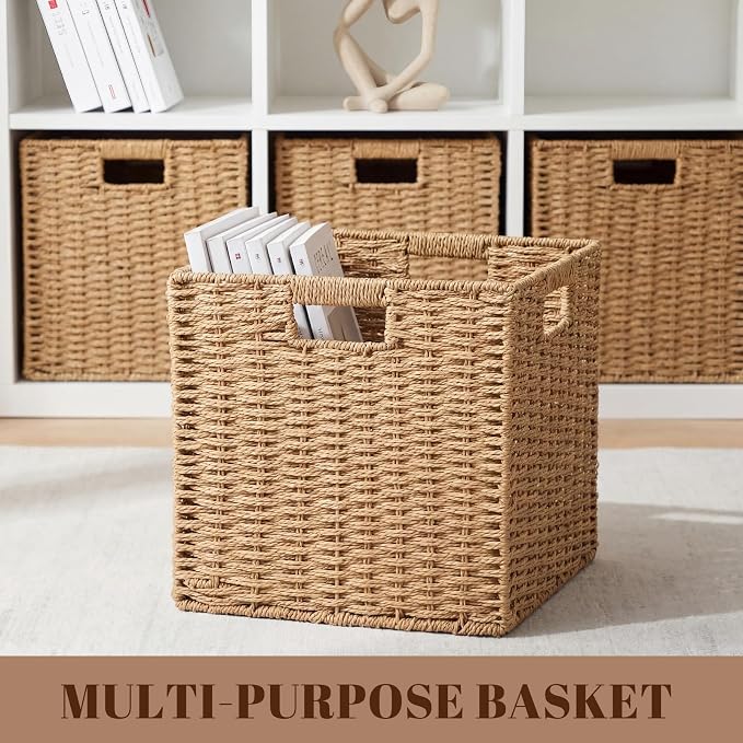 6 Pcs Wicker Storage Baskets 11.8 x 11.8 in Cube Storage Bin Organizer Camel Square Foldable Wicker Baskets for Shelves Organizing Decor Laundry Pantry Toys - Image 7