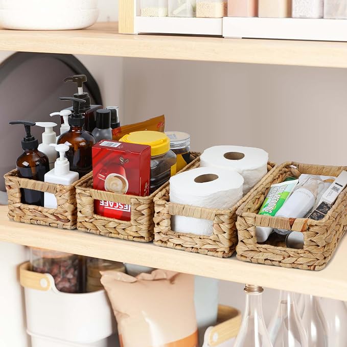 4 Small 3.6 QT Water Hyacinth Wicker Baskets for Shelves, 10" Long Woven Pantry Organizers and Storage Basket, Decorative Ratten Shallow Rectangle Baskets for Organizing Countertop Bathroom - Image 7