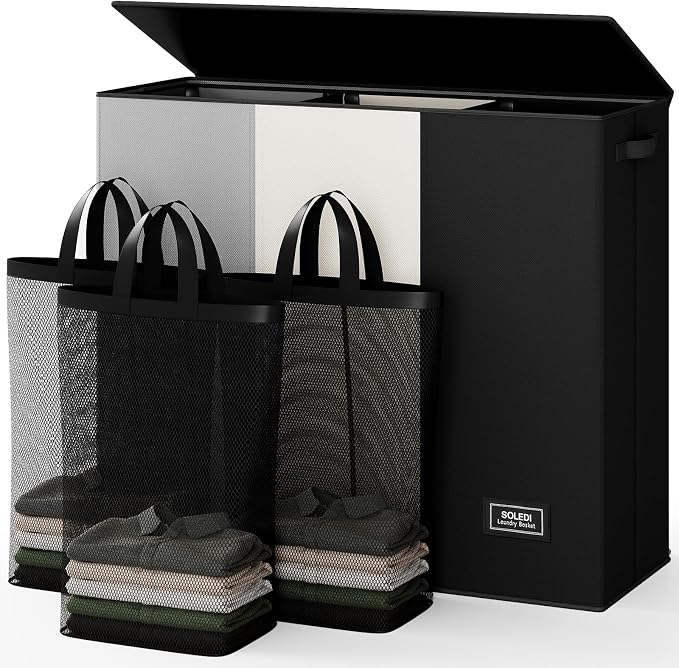 SOLEDI Laundry Hamper 3 section with lid and 3 Pcs Bag, Large Hamper 3 compartment 180L, Laundry Basket Laundry sorter Clothes hamper for Laundryroom Bedroom Blanket Storage Organizer by SOLEDI