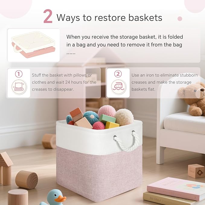 FinishingBo 11 inch Cube Storage Bin with Handles 6 Pack | Foldable Basket, Fabric Storage Bins, Closet Storage, Home Organizer (White/Pink) - Image 8