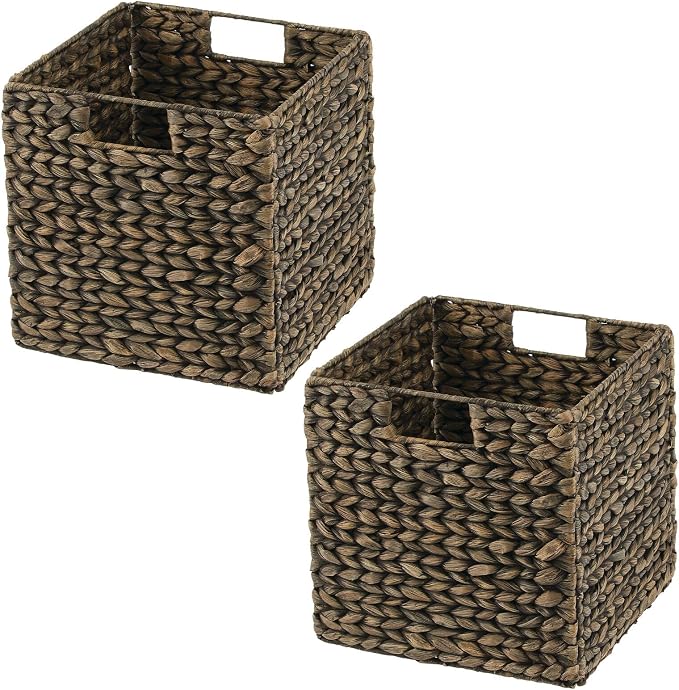 mDesign Natural Woven Hyacinth Cube Organizer Basket with Handles, Storage for Bathroom, Laundry Room Shelf or Nursery - Perfect for Cubby Storage Units - Hold Blankets and Books - 2 Pack, Black Wash - Image 9