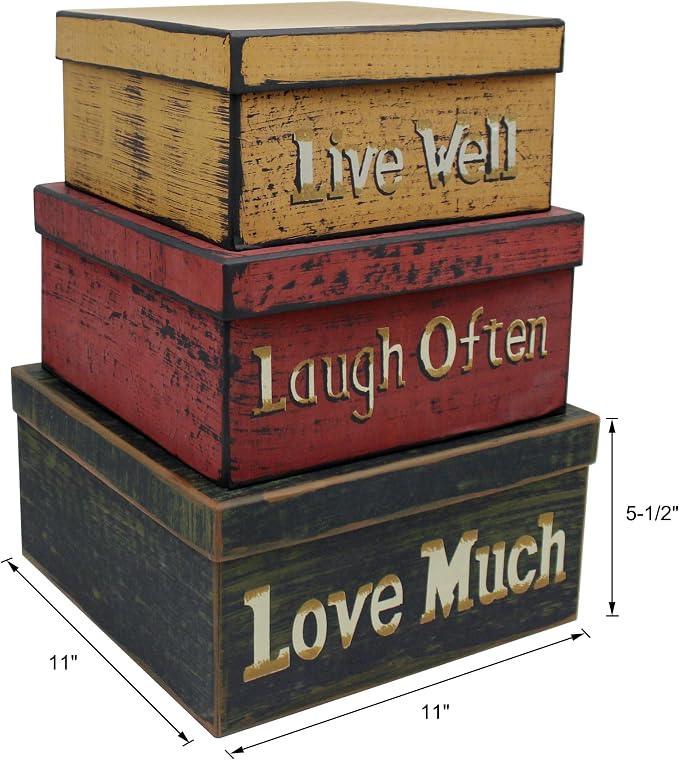 Primitive Vintage Square “Live Well, Laugh Often, Love Much” Cardboard Nesting Boxes, Large 11 X 11 X 5-1/2 Inch. Set of 3. - Image 6