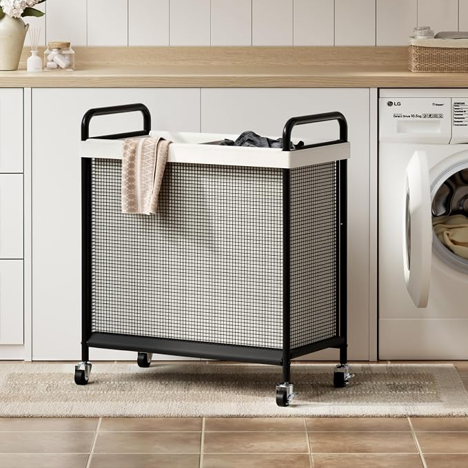 WOWLIVE Rolling Laundry Hamper 2 Section, 100L Laundry Basket with Wheels | Double Laundry Sorter with Metal Handle and Removable Bag, Large Clothes Hamper for Laundry Room, Bathroom and Dorm, Beige - Image 8