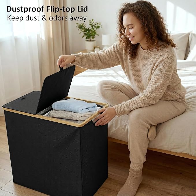 efluky Laundry Hamper with Lid, Double Laundry Basket with 2 Removable Bags, 2 Section Laundry Bin with Bamboo Handles for Bathroom, Bedroom & Laundry Room, 140L (36.9 Gallon) Black - Image 8