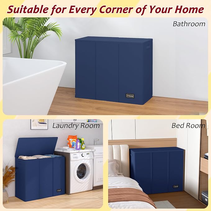 195L Laundry Hamper 3 Section,Large Laundry Hamper with Lid,Dirty Clothes Hamper with 3 Inner Bags,Collapsible Laundry Basket Organizer for Laundry Room,Laundry Sorter Hamper 3 Compartment(Blue) - Image 7