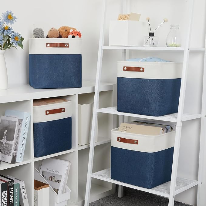 DULLEMELO Foldable Storage Cubes 12 x 12 Organizer Bins,Canvas Storage Bins Empty Gift Baskets for Organizing with SturdyLeather Handles, Closet Baskets for Nursery Storage(4 Pack - 12" White&Blue) - Image 7