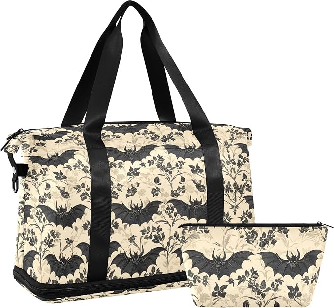 Travel Duffel Tote Bag Bats and Flowers Vintage Sports Duffel Bag with Wet Pocket Weekender Overnight Bag for Women Men Gym Bag, Carry On Bag Hospital Bag for Labor and Delivery - Image 7
