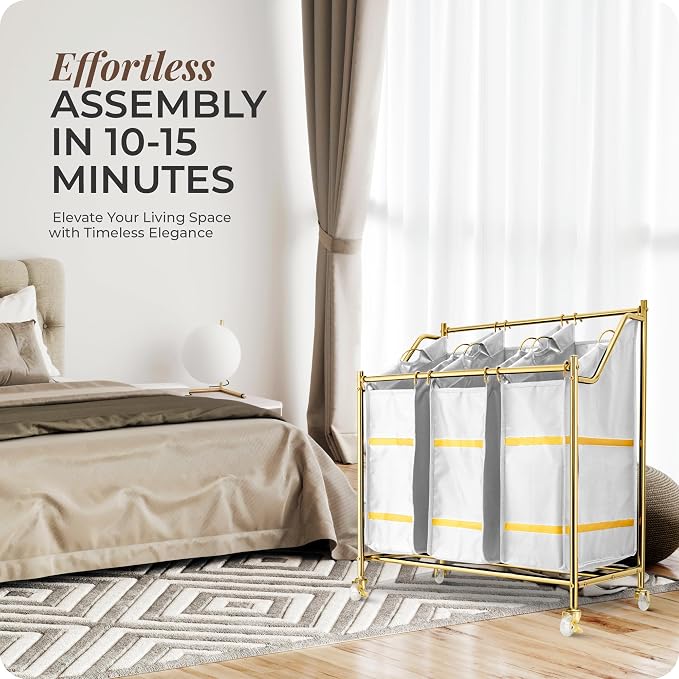 LUXURY STYLE 3- Sections Laundry Sorter, Roling Laundry Cart, Modern Golden Hamper, 3-Bags Organizer with Wheels, Laundry Basket, XL Hamper for Clothes, Toys, and Towels (Classic White) - Image 8