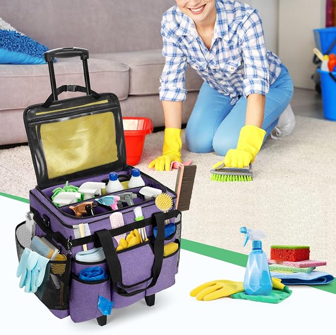 LoDrid Rolling Cleaning Caddy with Lid and Detachable Trolley, Purple | Cleaning Supplies Organizer, Cleaning Caddy Cart on Wheels with Handle and Shoulder Strap for Housekeepers - Image 7