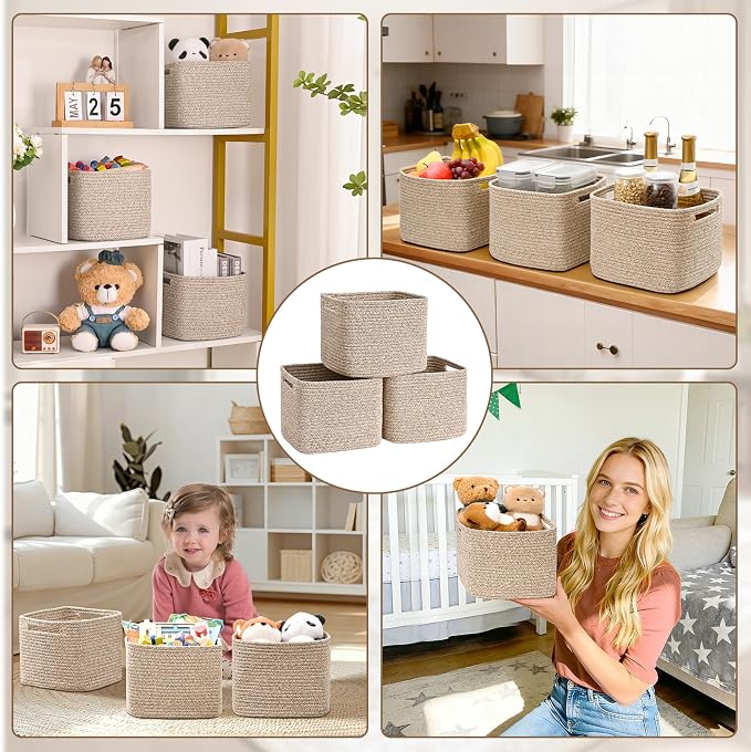 3 Pack Cube Storage Bin, 9”x9”x7” Cotton Rope Woven Baskets for Organizing Toys Clothes Towels, Square Gift Storage Baskets for Shelves, Nursery, Closet, Bathroom, Pantry (Jute) - Image 9