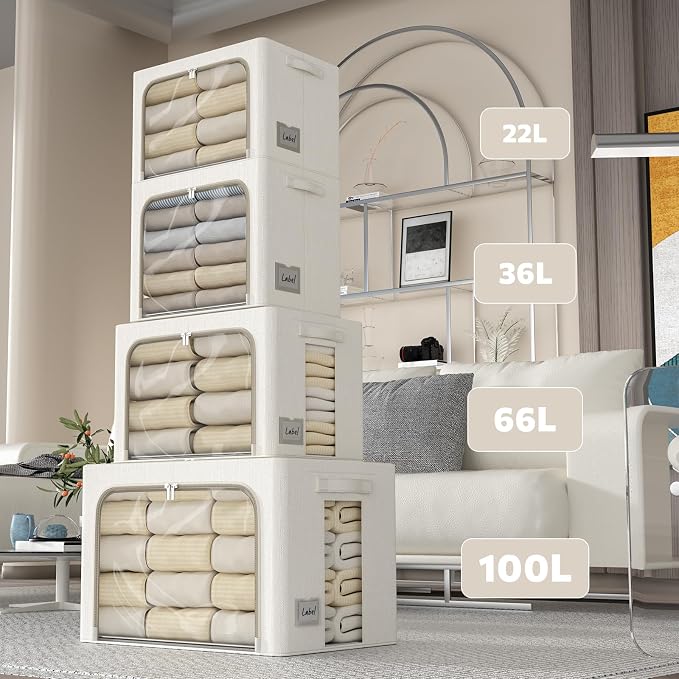 FHSQX 2 Pack Clear Window Storage Bins - Large Stackable Linen Fabric Storage for Clothes Foldable Container Organizer Set with Carrying Handles (Lvory White, 15.7x 11.8x 11.7 Inch) - Image 6