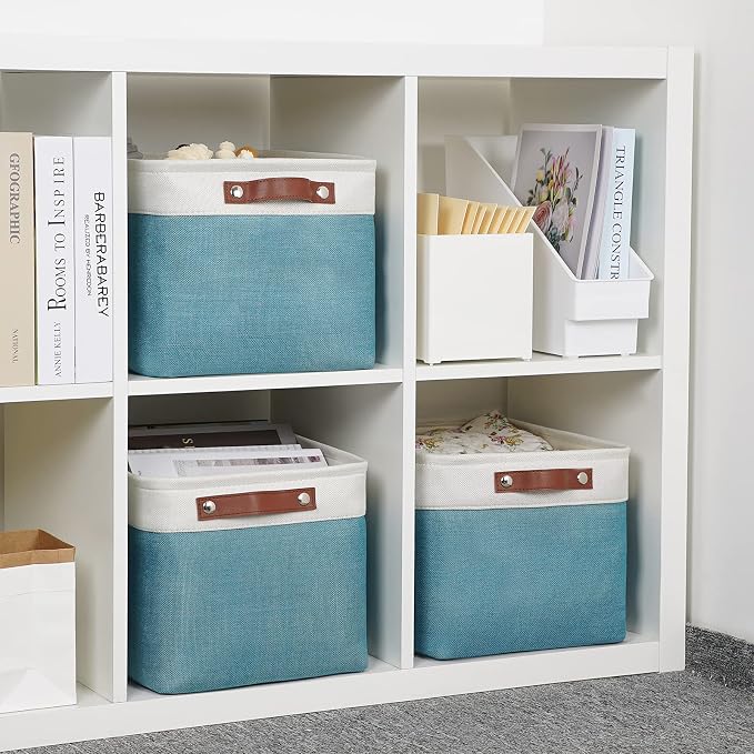 DULLEMELO Storage Baskets for Shelves, Fabric Collapsible Rectangular Storage Bins for Shelves, Closets, Nursery, Home, Empty Gift Baskets (3-Pack Medium-15 inch X 11 inch X 9.5 inch , White&Teal) - Image 6
