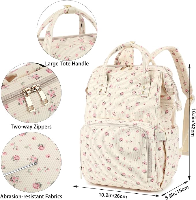 Corduroy Diaper Bag Backpack for Baby Girls Boys, Women Large Nappy Bags for Mom (Beige Corduroy Flowers Pink) - Image 7