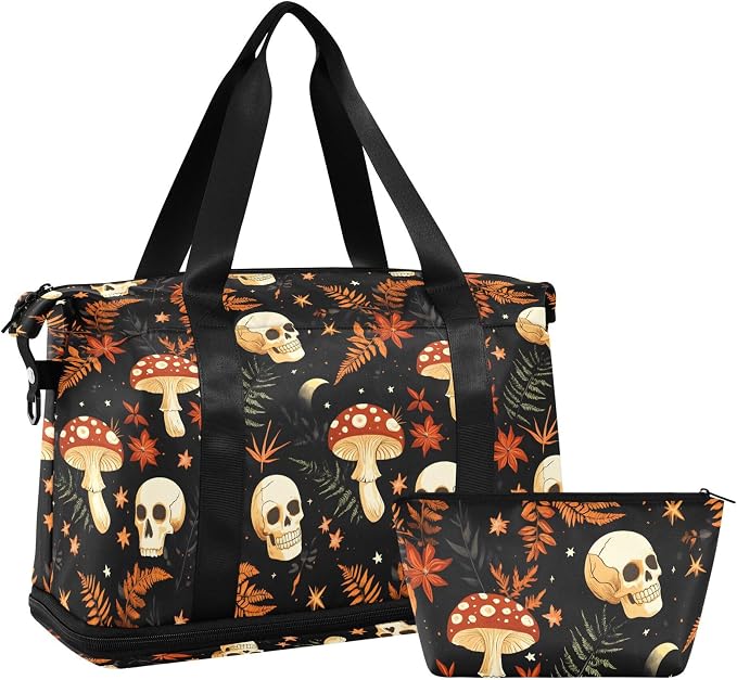 Travel Duffel Tote Bag Mushrooms Skull Sports Duffel Bag with Wet Pocket Weekender Overnight Bag for Women Men Gym Bag, Carry On Bag Hospital Bag for Labor and Delivery - Image 7