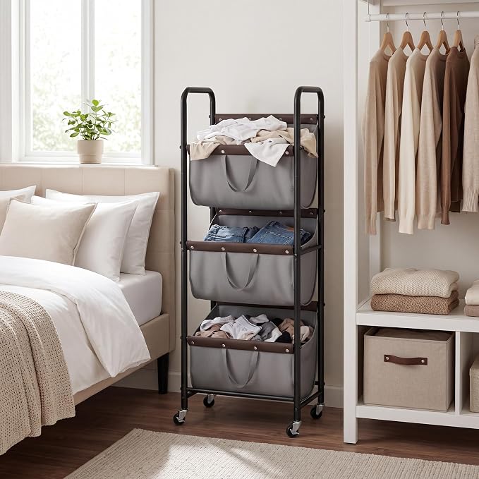 GRANNY SAYS 3 Tiered Laundry Sorter, Narrow Hamper Cart with Wheels | Sturdy 3 Section Laundry Basket with Wheels, Vertical Grey Hamper Cart for Bedroom, Bathroom, Apartment - Image 8