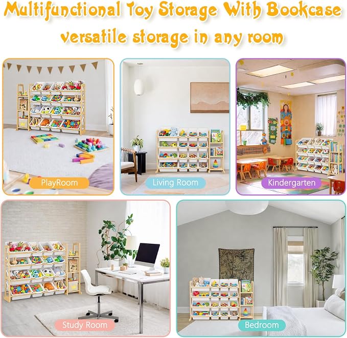 Kids Toy Storage Organizer with Bookshelf – Wooden Shelf with 16 Bins & 3 Shelves, Quick Assembly Storage Rack for Playroom, Bedroom, Nursery - White - Image 7