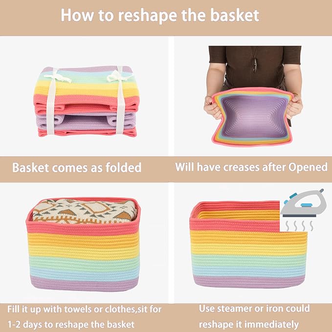 XUANGUO Woven Cotton Rope Storage Baskets 15x10x9.3" 3 Pack Rainbow | Colorful storage baskets for shelves and playrooms; toy storage bins organize kids' toys, books, clothes and nursery items. - Image 7