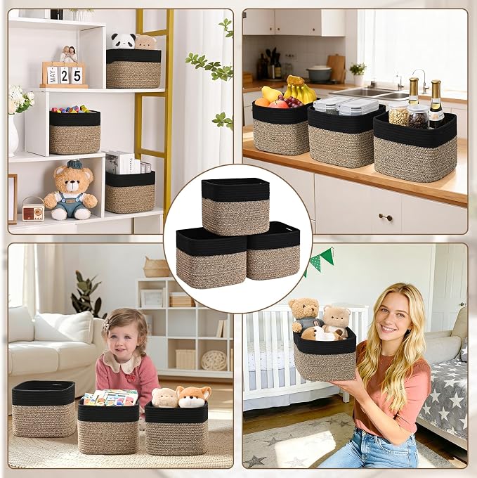3 Pack Cube Storage Bin, 9”x9”x7” Cotton Rope Woven Baskets for Organizing Toys Clothes Towels, Square Gift Storage Baskets for Shelves, Nursery, Closet, Bathroom, Pantry (Black & Brown) - Image 9