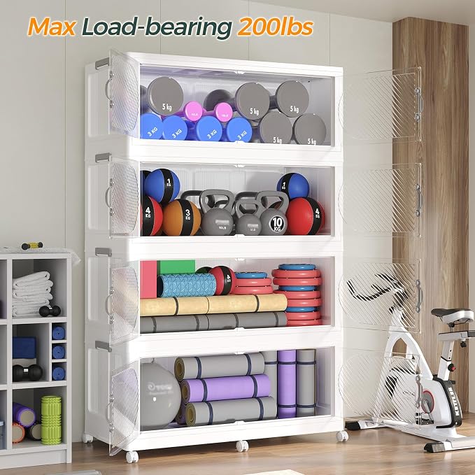 360QT Extra Large Stackable Storage Bins with Lid, 90Gal Plastic Closet Organizers and Storage Drawer, Collapsible Cabinet Box with Wheels Clear Doors for Home Kitchen Garage, 3Pack White - Image 8