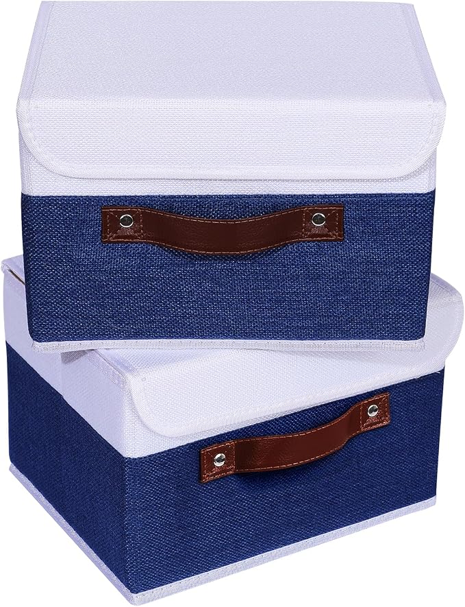 ANMINY Fabric Storage Box Bins with Lids, Blue White, 10"x8"x7", 4 Pack | Keepsake Memory Storage, Cotton Linen, PP Board Reinforced, Washable, PU Handles, Foldable & Stackable, Decorative, Small - Image 8
