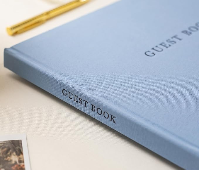 Real Linen Guest Book Set - 11.5 x 8.5 Embossed Guestbook for Weddings, Showers, Events, Blank & Lined, Comes with Sign, Pen, Box and Photo Sleeves, 120 Pages (Light Blue) - Image 9