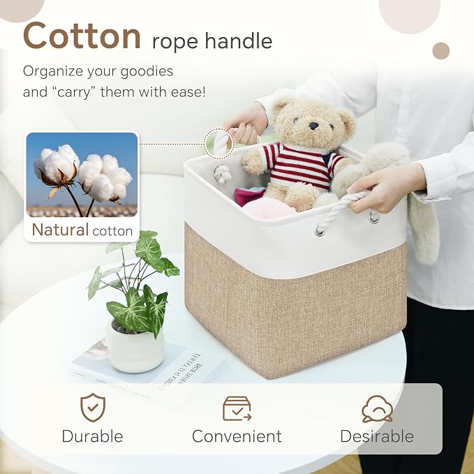 FinishingBo 11 inch Cube Storage Bin with Handles 6 Pack | Foldable Basket, Fabric Storage Bins, Closet Storage, Home Organizer (White/Khaki) - Image 7