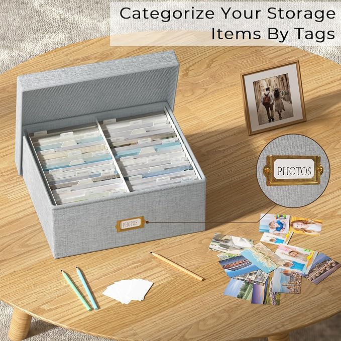 Decorative Photo Storage Box, Linen Photo Box Holds 1700 4x6 Pictures Grey | Photo Storage Containers with 8 Dividers, Memory Keepsake Organizer for Photos, Scrapbook Supplies, Cards, Stamps,Archive Box - Image 7