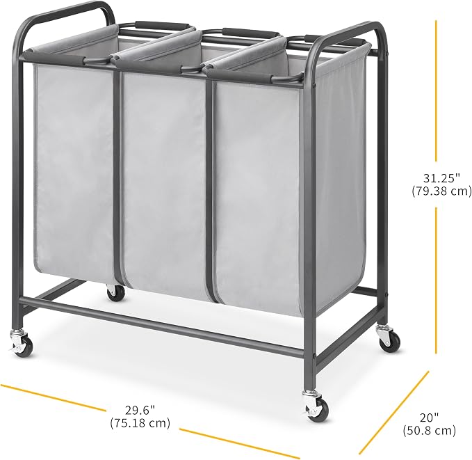 Whitmor Triple Laundry Sorter - 3 Removable Bags with Easy-Grip Handles - Rolling Laundry Sorter - Grey - Image 7