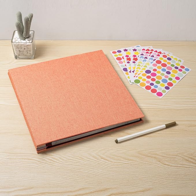 Large Photo Album Self Adhesive 4x6 8x10 10x12 13"x12.6" Scrapbook Album 12.6"x11" Inch 60 Black Sticky Pages Linen Cover Magnetic Photo Album with A Metallic Pen and DIY Stickers(Orange) - Image 6