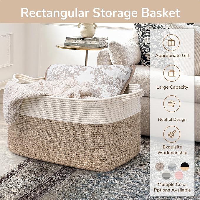 Goodpick Large Woven Rope Blanket Basket, Rectangle, White & Brown | 21.6'' x 14.9'' x 11.8'' Storage Basket for Blankets & Toys, Living Room, Bedroom & Nursery Organization, Reinforced Handles - Image 7