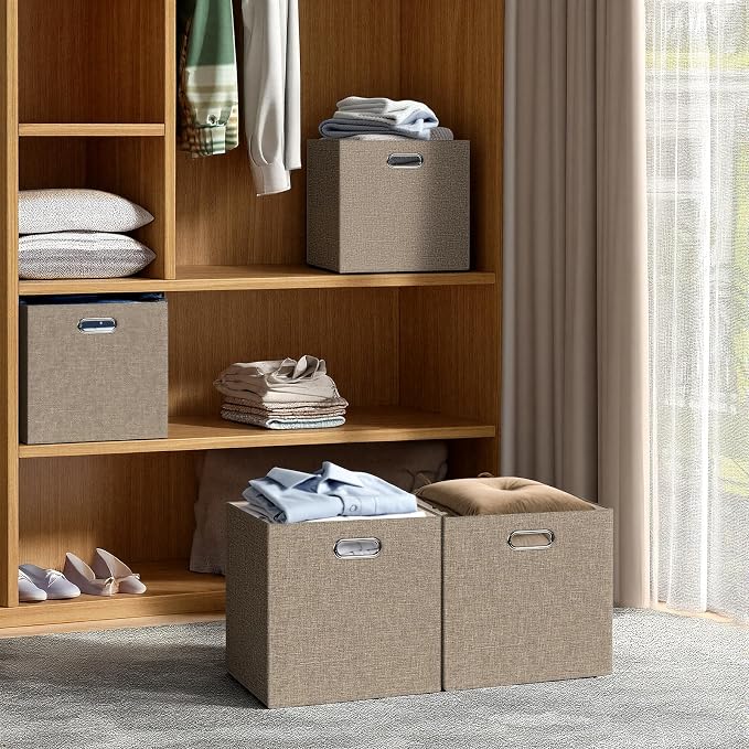 Posprica Collapsible Storage Bins,13×13 Foldable Storage Cube Boxes Fabric Drawer Fabric Storage Bins Vinyl Record Light Coffee, 4 Pack - Image 7