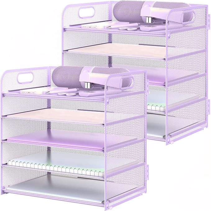 2 Pack Letter Tray Paper Organizer 5-Tier Desk Organizer File Organizer Paper Holder with Handle, Metal Desktop Document Shelf Tray Office Classroom Organization - Purple by Sinboun