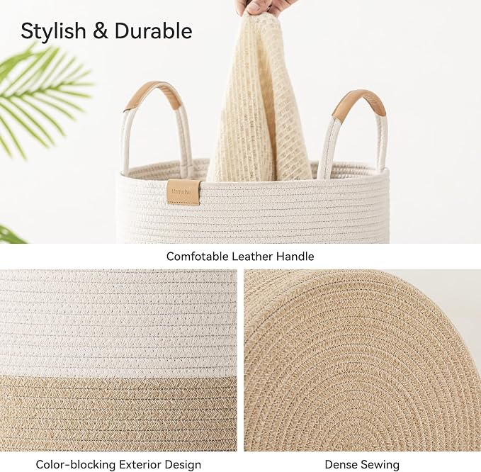 Nunsino 75L Striped Laundry Hamper with Leather Handles,Large Foldable Laundry Basket for Clothes,Cotton Rope Storage Bin for Blankets,Woven Clothes Basket for Bedroom,Beige Stripes - Image 6