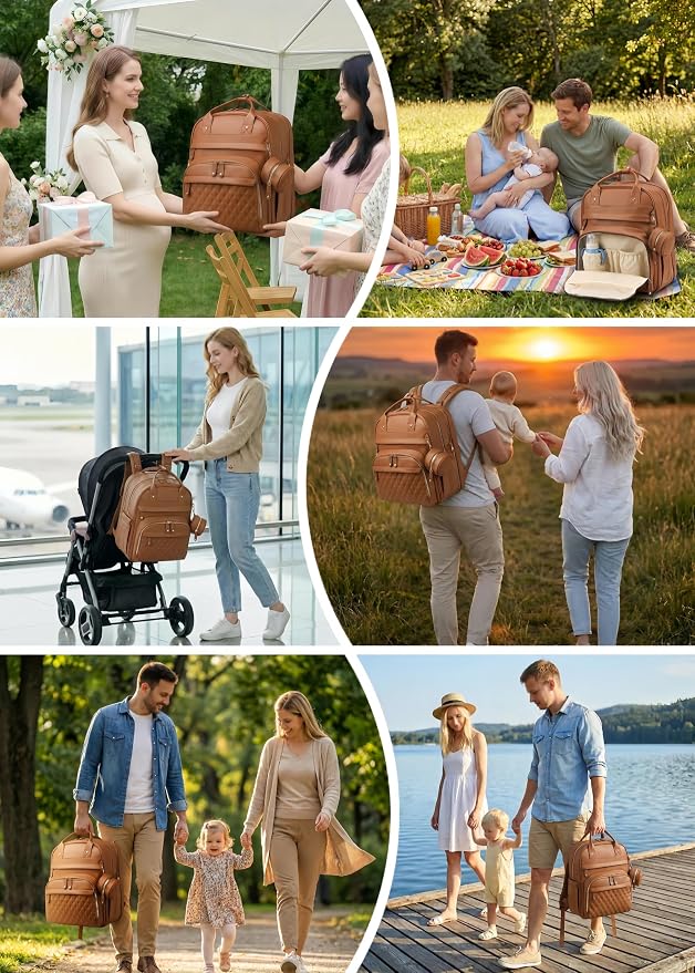 Diaper Bag Backpack with Changing Station, Waterproof for Travel, Vegan Leather, Brown - Image 7
